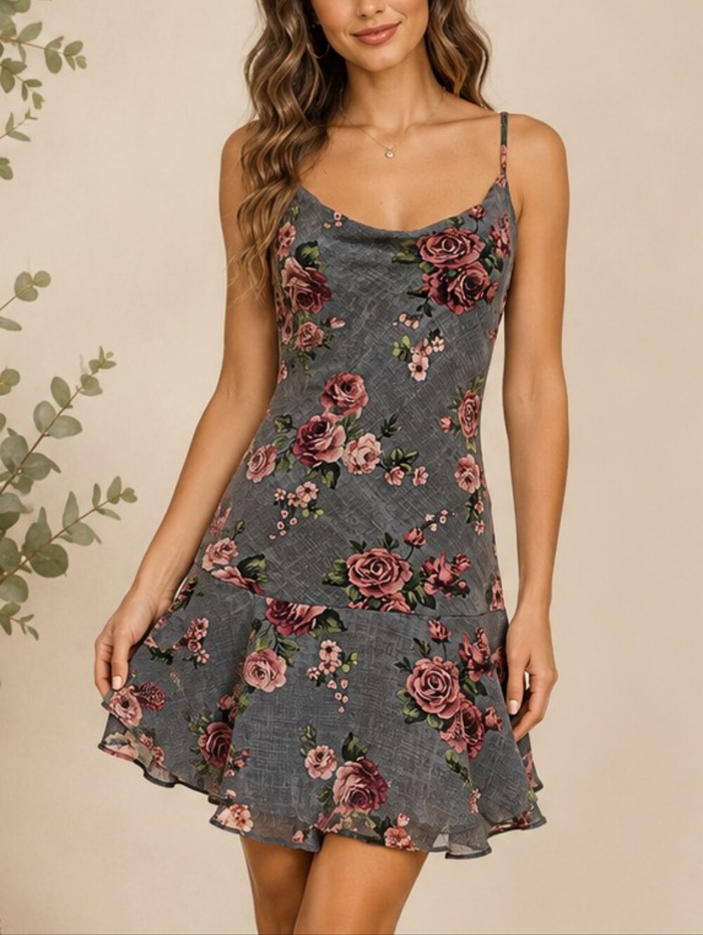 Emerald Sundae Floral Tie-Back Slip Mini Dress in Charcoal Rose Size XS NWT